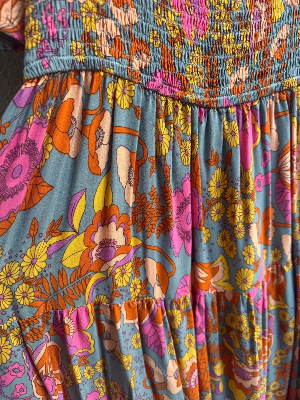 Smocked Floral Maxi Dress in Pink & Orange